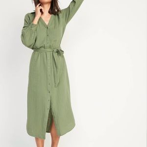 NWT Light Olive Long-Sleeve Waist-Defined Midi Dress